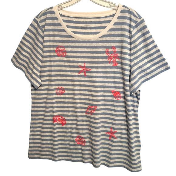 Talbots Shells & Lobster Tee Womens XL Blue Striped Nautical Knit Top - Picture 2 of 9